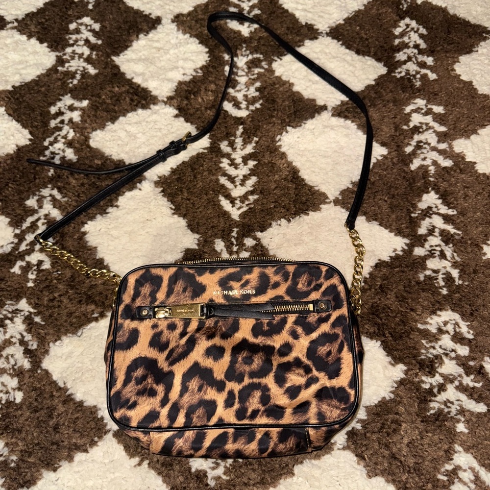 Michael Kors Leopard Print Crossbody Bag with Gold Chain